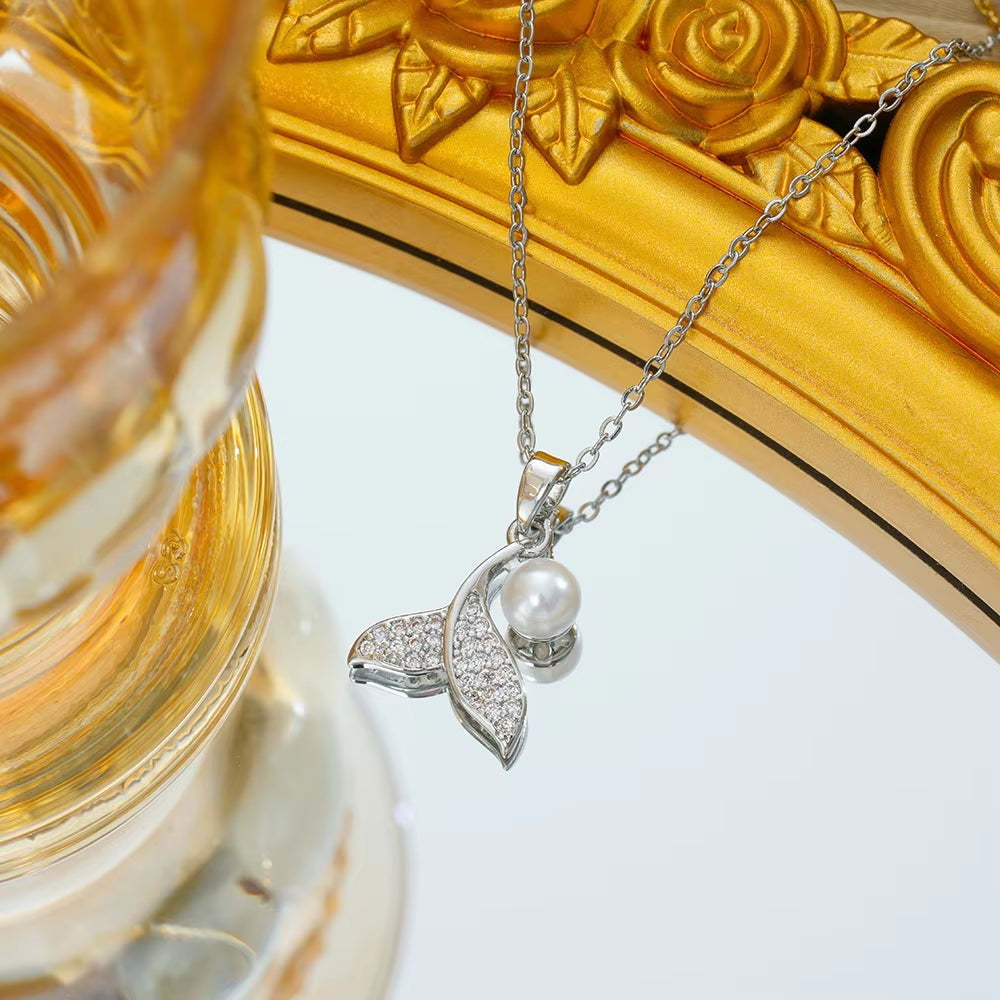 Stainless Steel Chain Classic Shiny Zircon Mermaid Tail Pearl Pendant Necklace for Women Lady Vintage Jewelry Accessories Gifts