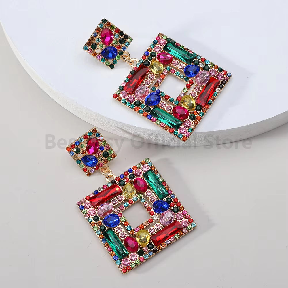 Colorful Rhinestone Square Pendant Earrings for Women Trend Luxury Design Vintage Jewelry Exaggerated Ear Accessories Girl Gift