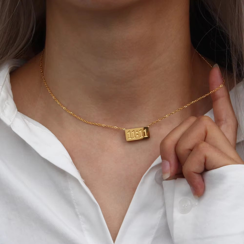 11:11 Rectangle Pendant Plate Necklace Fine Polished Stainless Steel 18K Gold Plated Necklace Meaningful Number Jewelry
