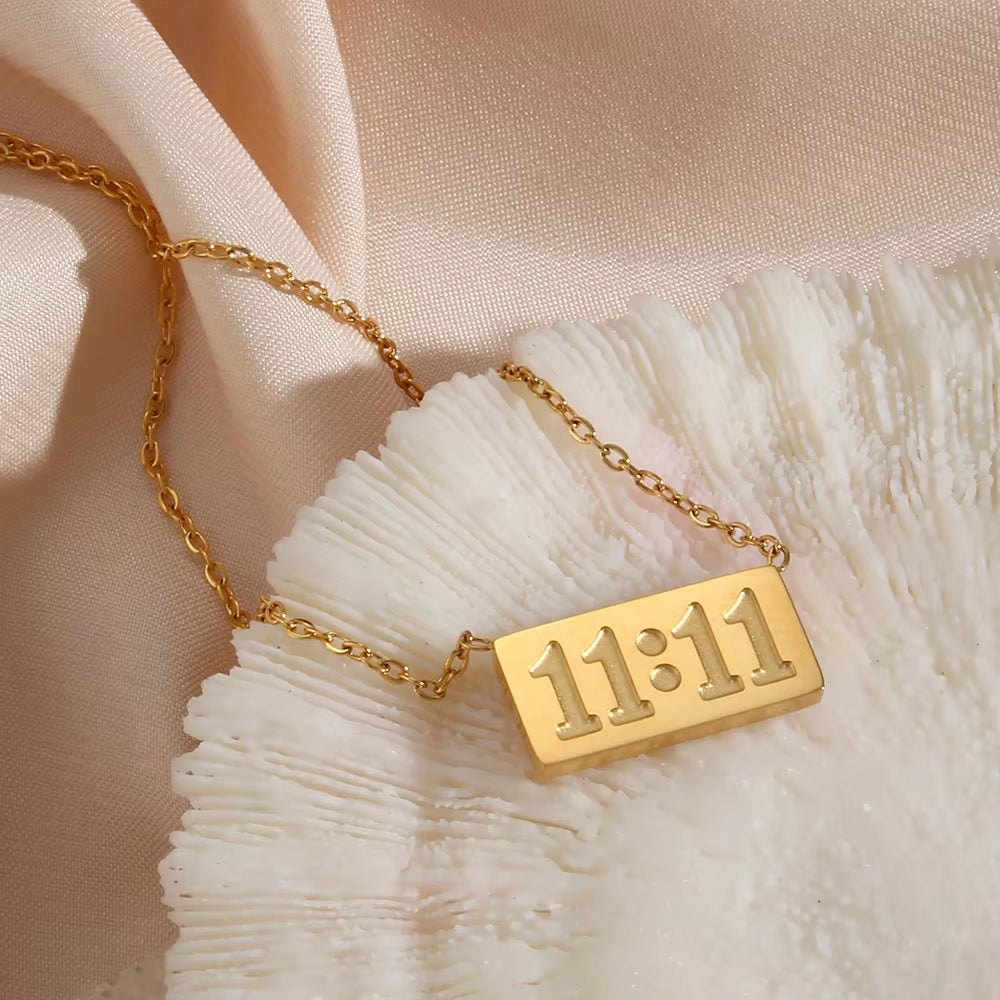 11:11 Rectangle Pendant Plate Necklace Fine Polished Stainless Steel 18K Gold Plated Necklace Meaningful Number Jewelry