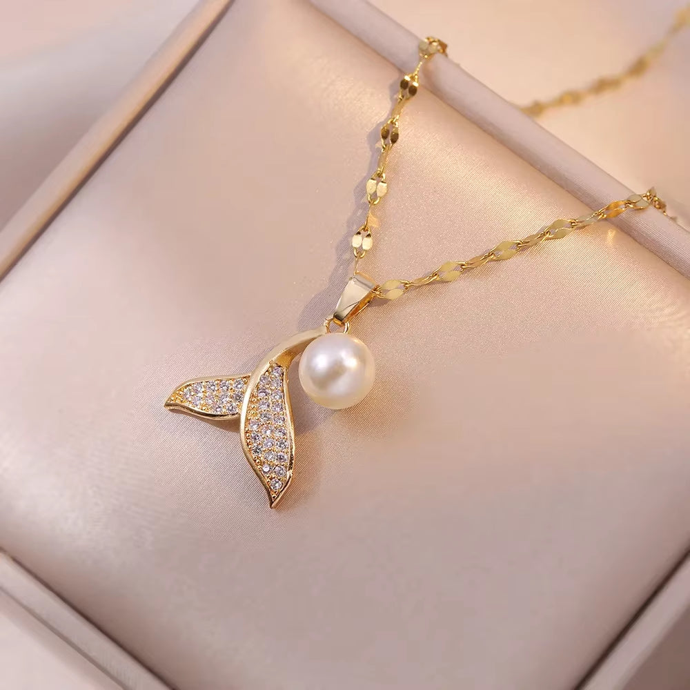 Stainless Steel Chain Classic Shiny Zircon Mermaid Tail Pearl Pendant Necklace for Women Lady Vintage Jewelry Accessories Gifts