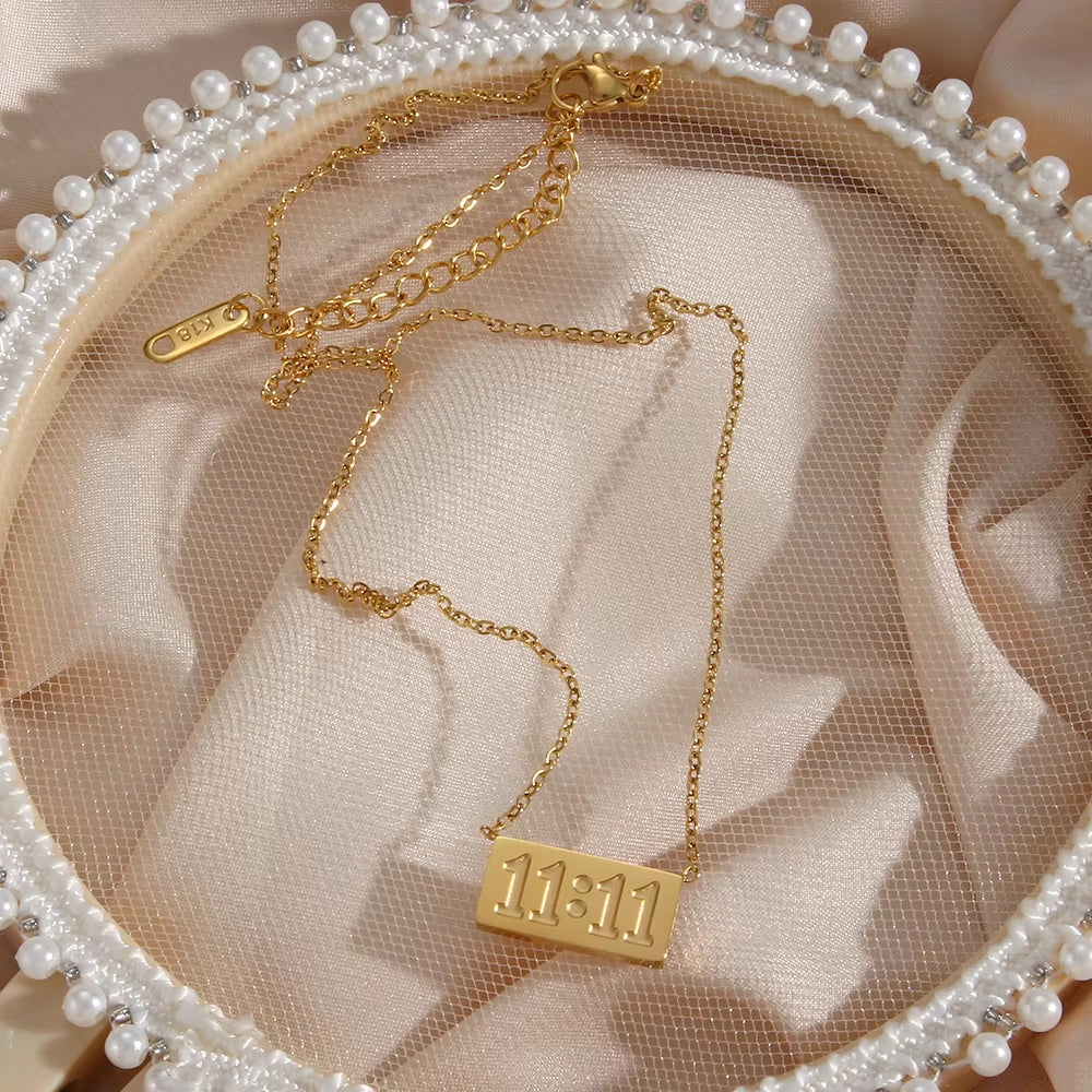 11:11 Rectangle Pendant Plate Necklace Fine Polished Stainless Steel 18K Gold Plated Necklace Meaningful Number Jewelry