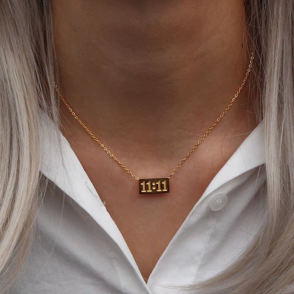 11:11 Rectangle Pendant Plate Necklace Fine Polished Stainless Steel 18K Gold Plated Necklace Meaningful Number Jewelry
