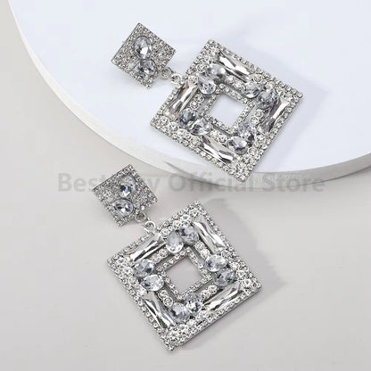 Colorful Rhinestone Square Pendant Earrings for Women Trend Luxury Design Vintage Jewelry Exaggerated Ear Accessories Girl Gift