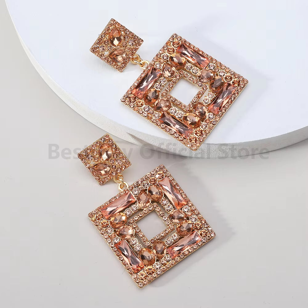 Colorful Rhinestone Square Pendant Earrings for Women Trend Luxury Design Vintage Jewelry Exaggerated Ear Accessories Girl Gift