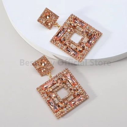 Colorful Rhinestone Square Pendant Earrings for Women Trend Luxury Design Vintage Jewelry Exaggerated Ear Accessories Girl Gift