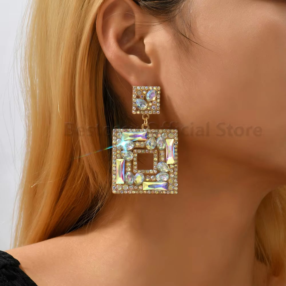 Colorful Rhinestone Square Pendant Earrings for Women Trend Luxury Design Vintage Jewelry Exaggerated Ear Accessories Girl Gift