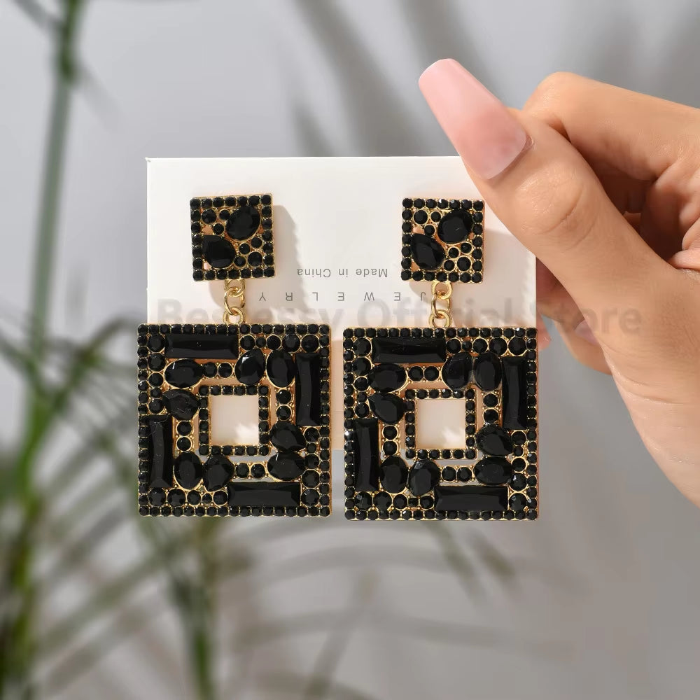 Colorful Rhinestone Square Pendant Earrings for Women Trend Luxury Design Vintage Jewelry Exaggerated Ear Accessories Girl Gift