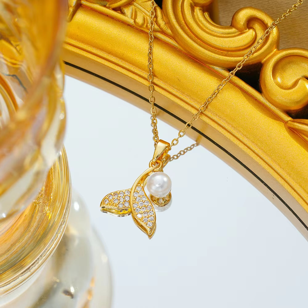 Stainless Steel Chain Classic Shiny Zircon Mermaid Tail Pearl Pendant Necklace for Women Lady Vintage Jewelry Accessories Gifts