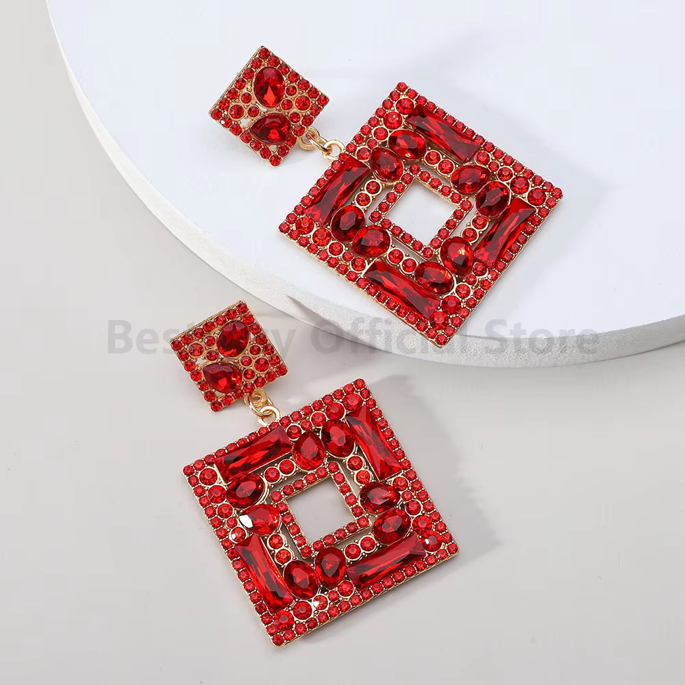 Colorful Rhinestone Square Pendant Earrings for Women Trend Luxury Design Vintage Jewelry Exaggerated Ear Accessories Girl Gift