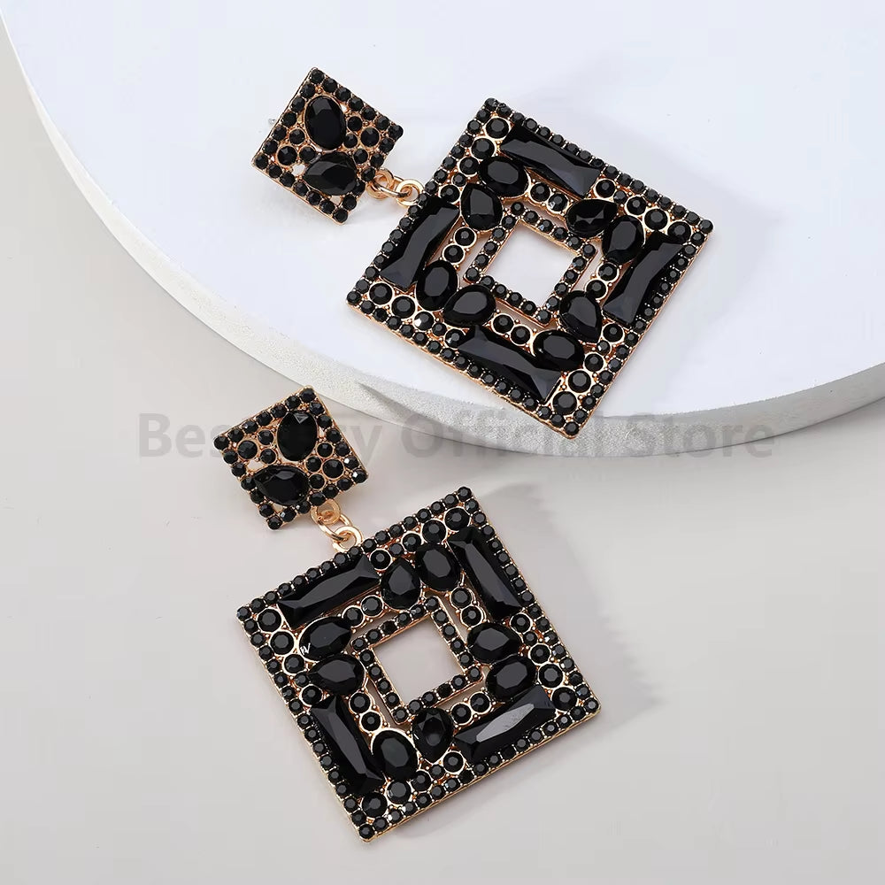 Colorful Rhinestone Square Pendant Earrings for Women Trend Luxury Design Vintage Jewelry Exaggerated Ear Accessories Girl Gift