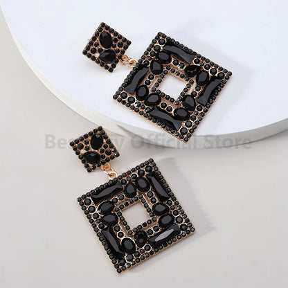 Colorful Rhinestone Square Pendant Earrings for Women Trend Luxury Design Vintage Jewelry Exaggerated Ear Accessories Girl Gift