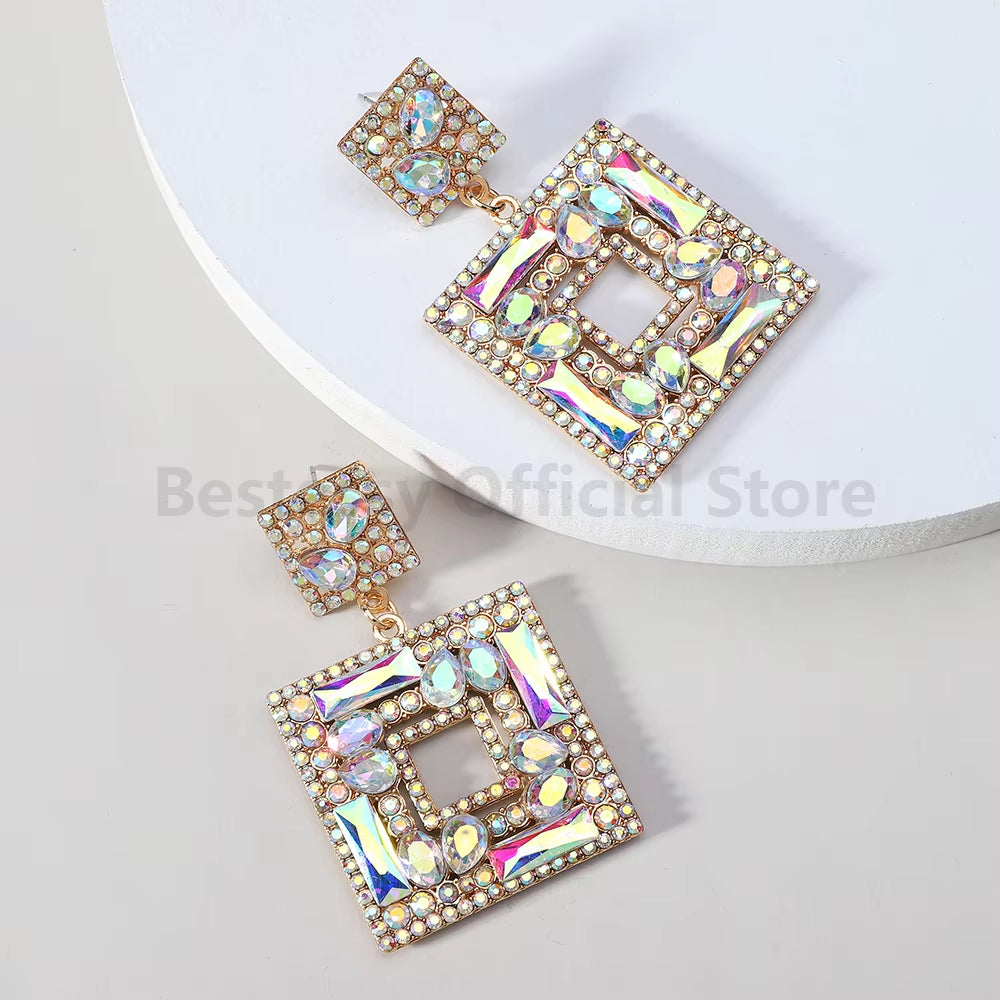 Colorful Rhinestone Square Pendant Earrings for Women Trend Luxury Design Vintage Jewelry Exaggerated Ear Accessories Girl Gift