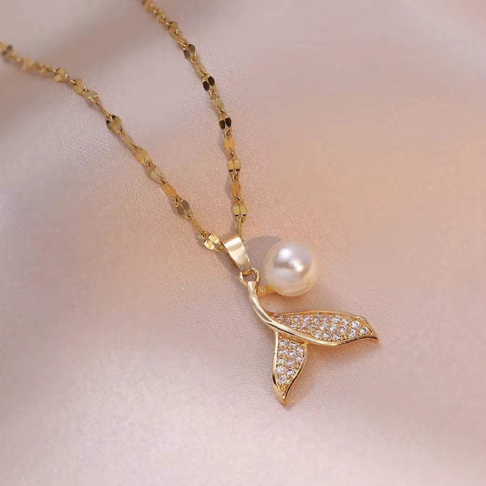 Stainless Steel Chain Classic Shiny Zircon Mermaid Tail Pearl Pendant Necklace for Women Lady Vintage Jewelry Accessories Gifts