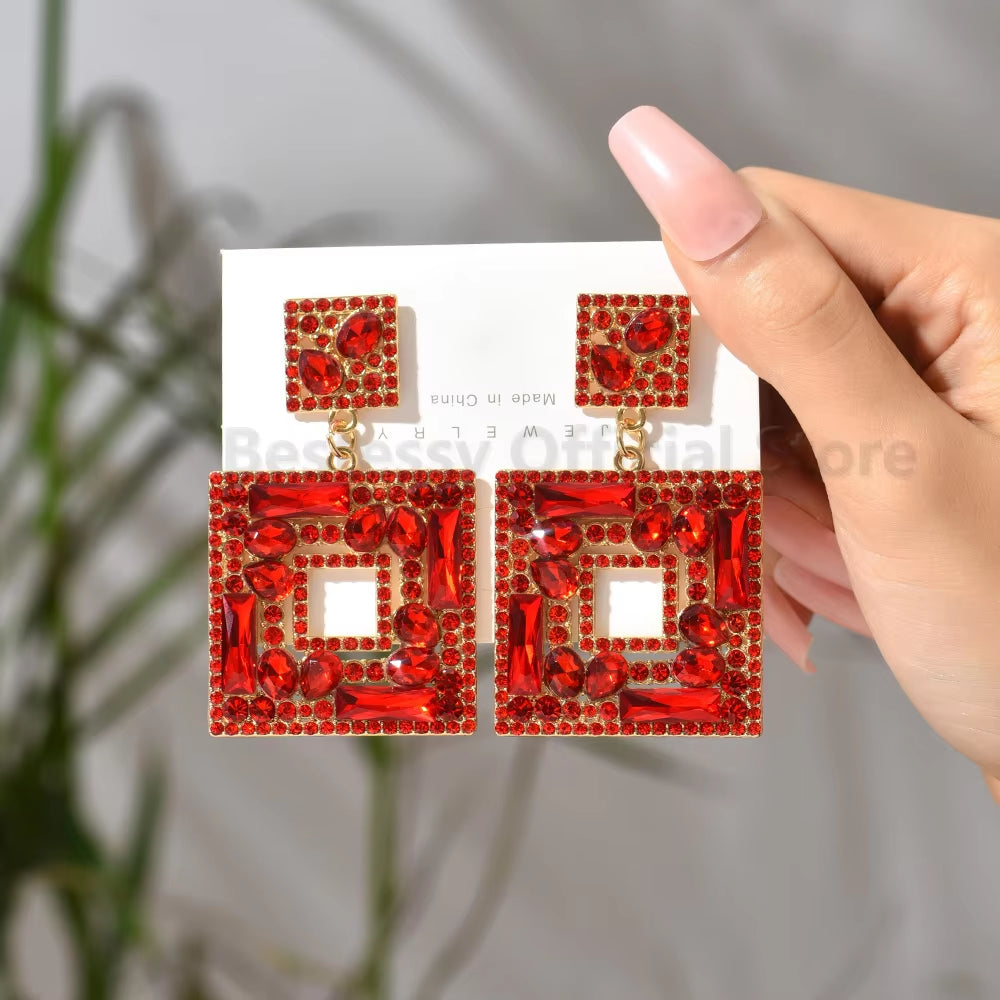 Colorful Rhinestone Square Pendant Earrings for Women Trend Luxury Design Vintage Jewelry Exaggerated Ear Accessories Girl Gift
