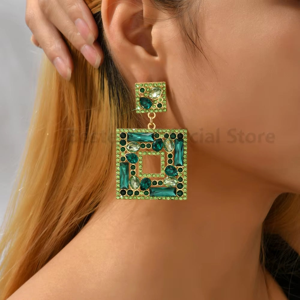 Colorful Rhinestone Square Pendant Earrings for Women Trend Luxury Design Vintage Jewelry Exaggerated Ear Accessories Girl Gift